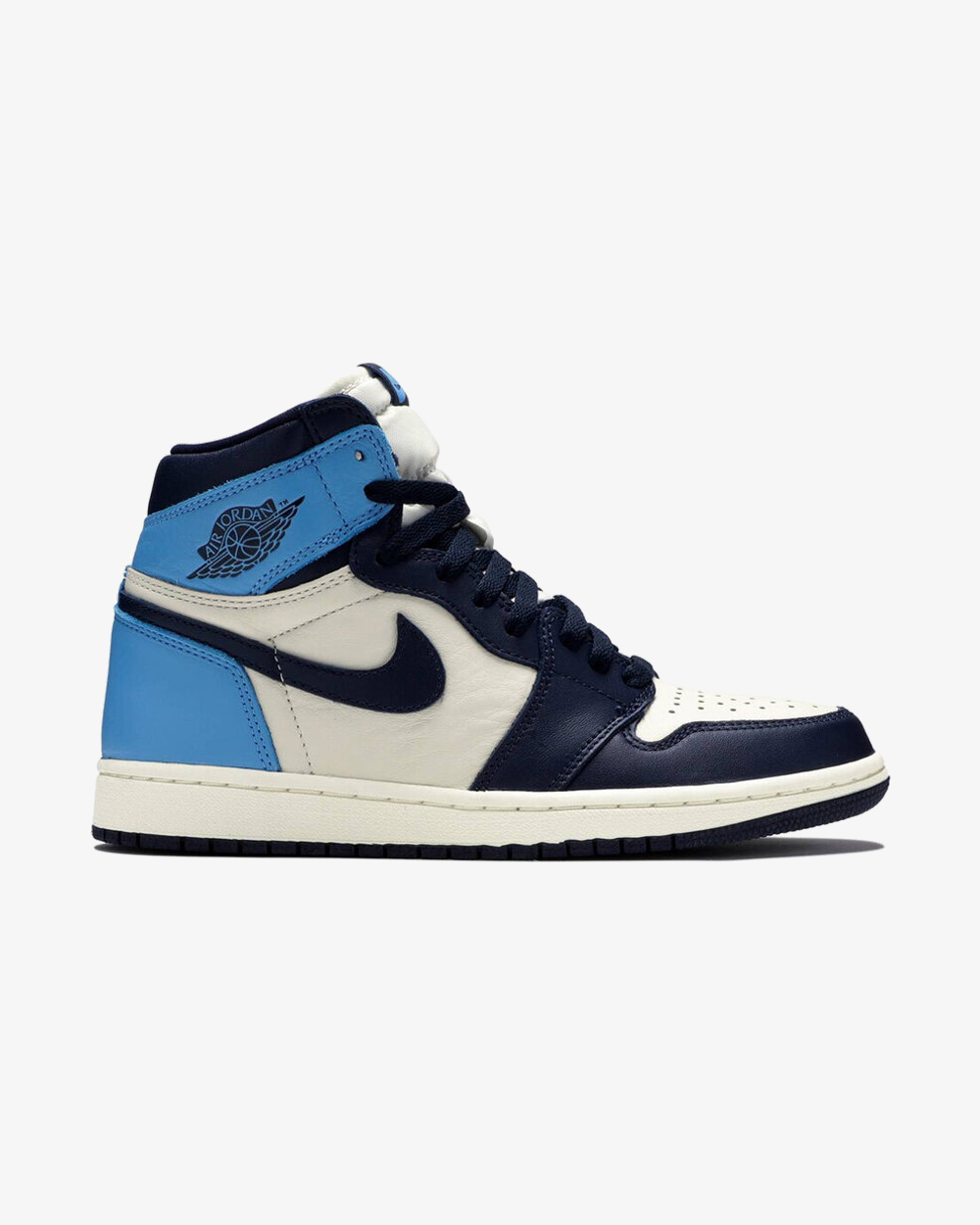 Product photo assigned to Air Jordan 1 High, Obsidian Unc Blue colorway.