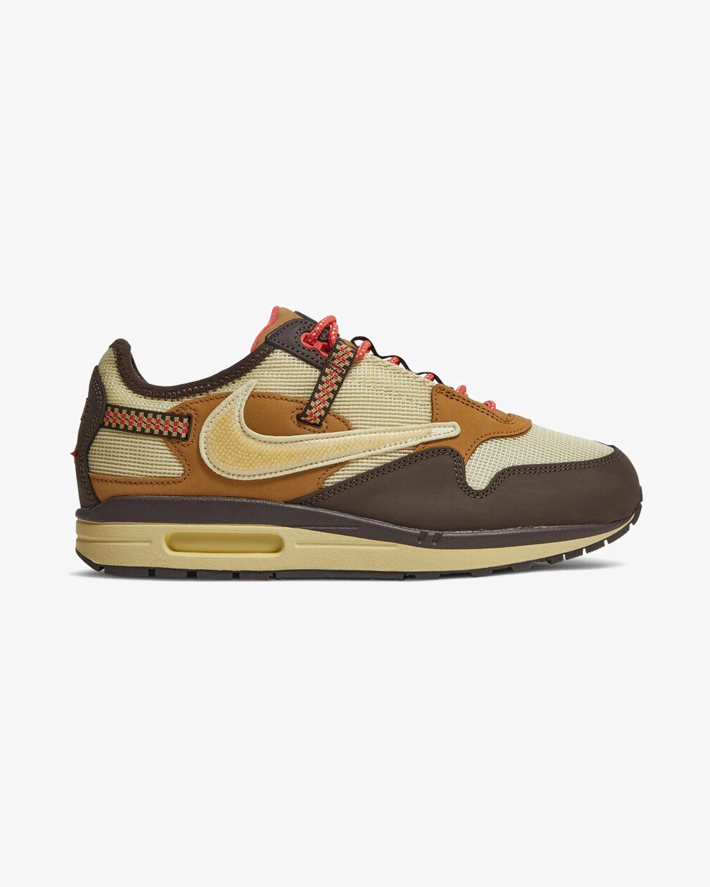 Travis Scott x Nike Air Max 1 Baroque Brown DO9392-200, dark brown and wheat upper, Lemon Drop accents, red laces, reverse Swoosh and Cactus Jack branding.