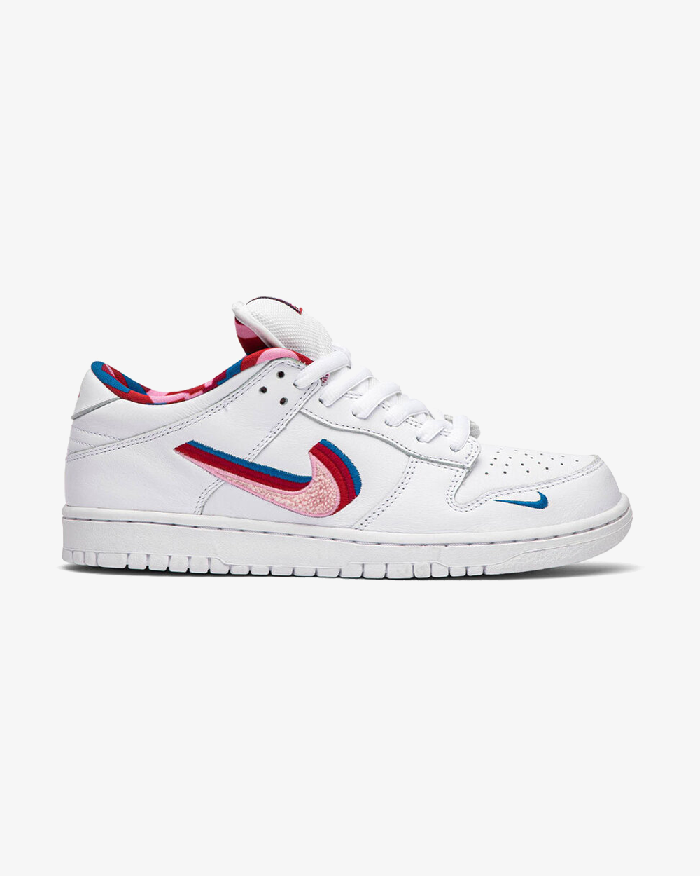 Parra x Nike SB Dunk Low Pro 2019 White/Red-Pink, white leather base with Parra abstract red, pink, blue and teal overlays, black Swoosh, white laces and gum outsole.