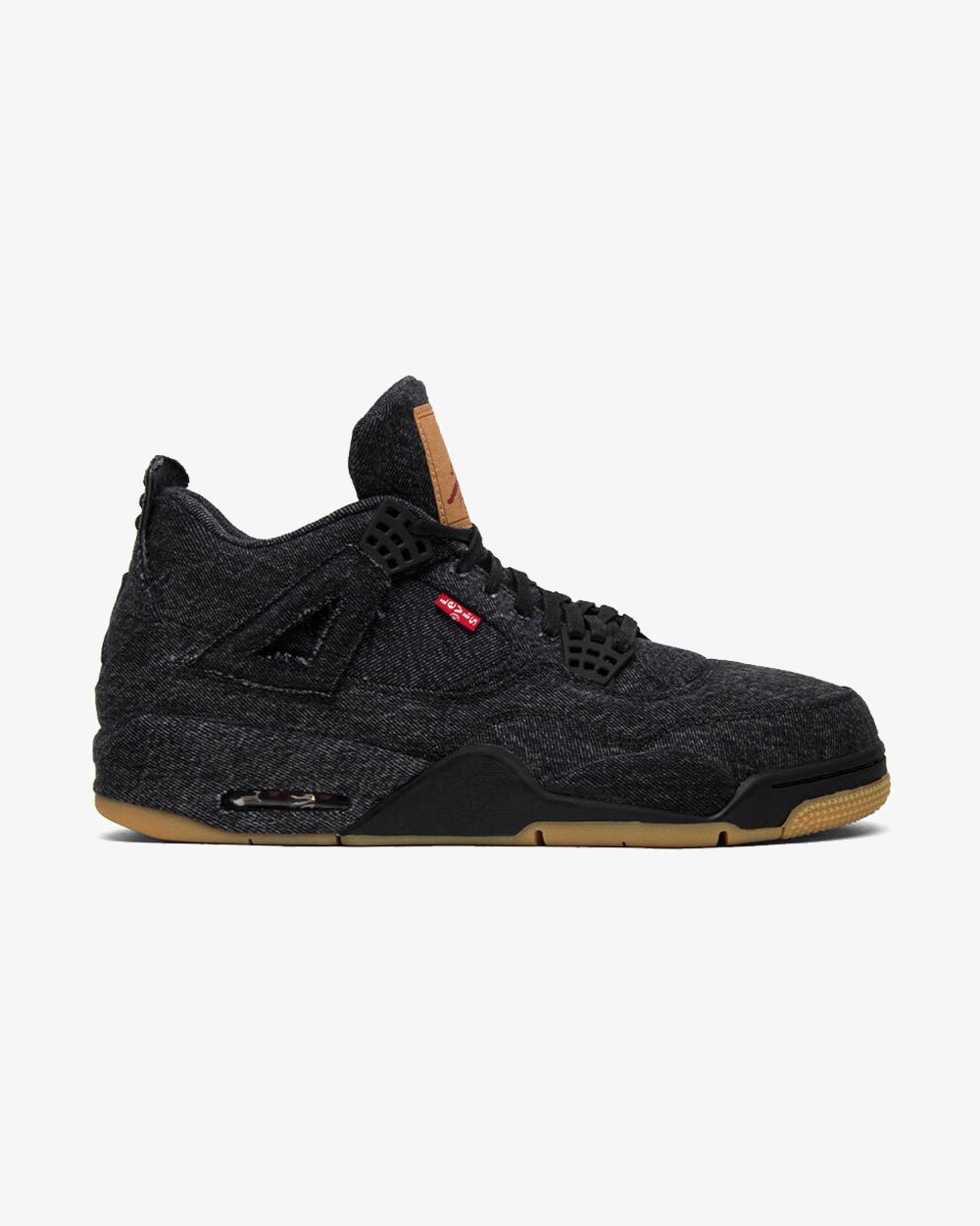 Levi's x Air Jordan 4 Black Denim AO2571-001, black denim upper and midsole, red Levi's tab, branded tongue patch and gum outsole.