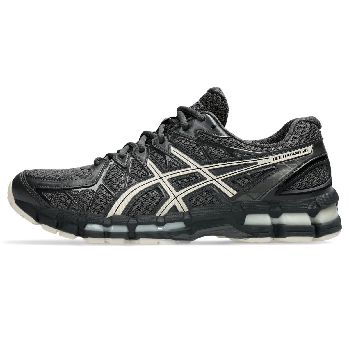 ASICS GEL-KAYANO 20 Obsidian Grey Oatmeal style 1203A388-027 official high-resolution lateral product image