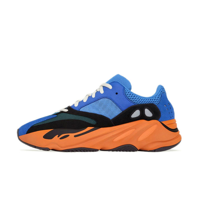Adidas Yeezy Boost 700 Bright Blue GZ0541 blue mesh and suede upper, black overlays and orange sculpted midsole
