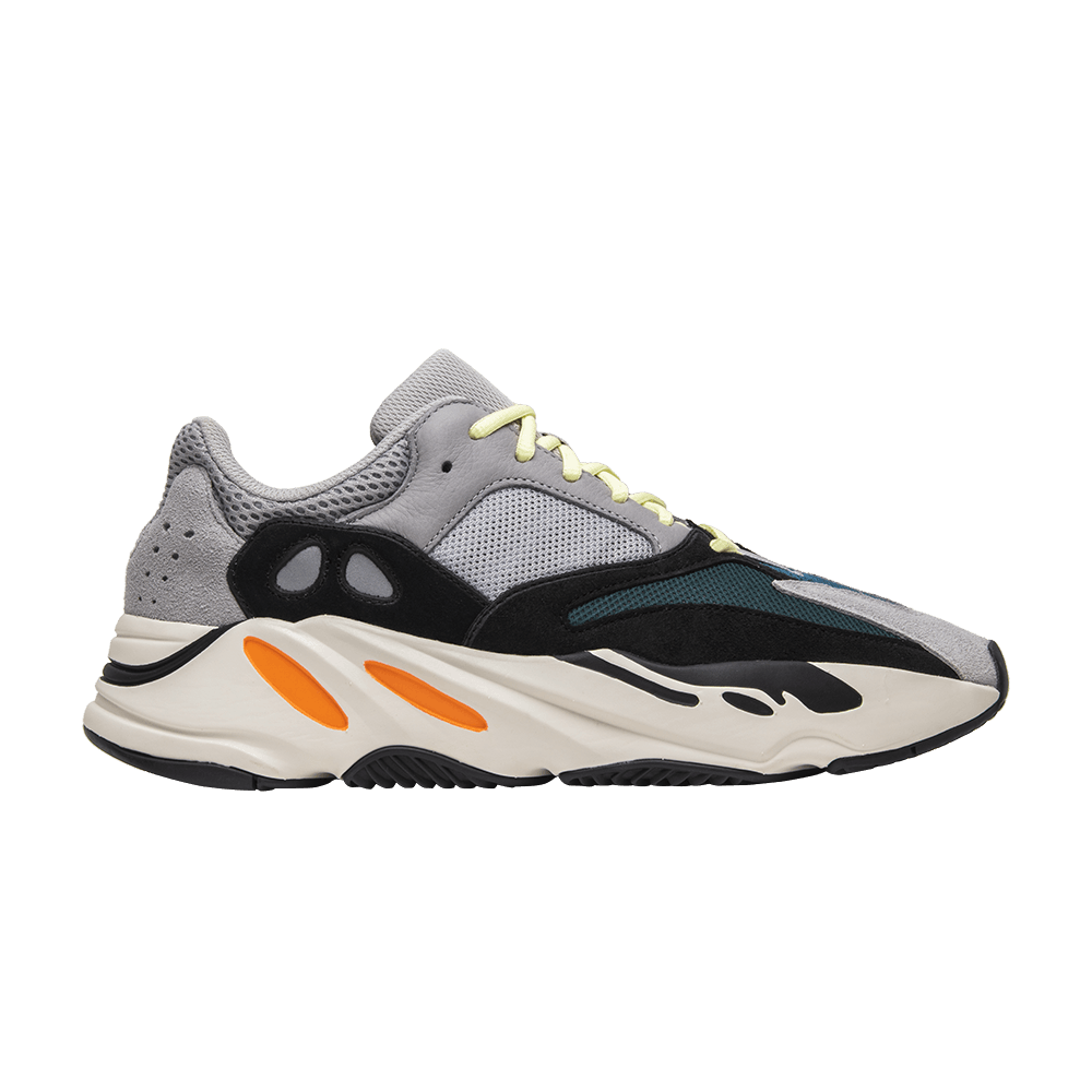 Adidas Yeezy Boost 700 Wave Runner B75571, grey mesh and suede, teal overlays, orange midsole accents and neon yellow laces