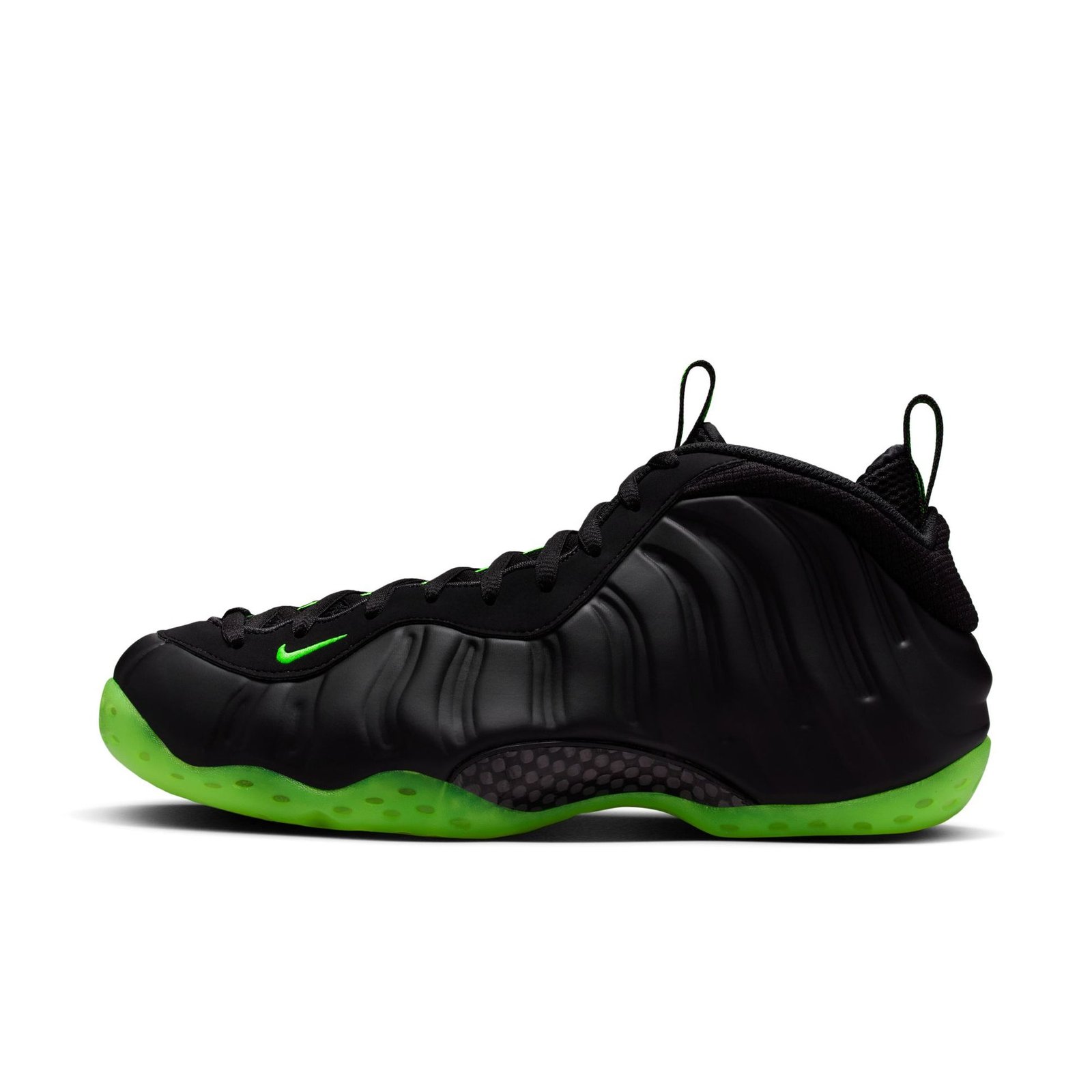 Nike Air Foamposite One Black Volt, black molded upper with volt-green accents and translucent green outsole