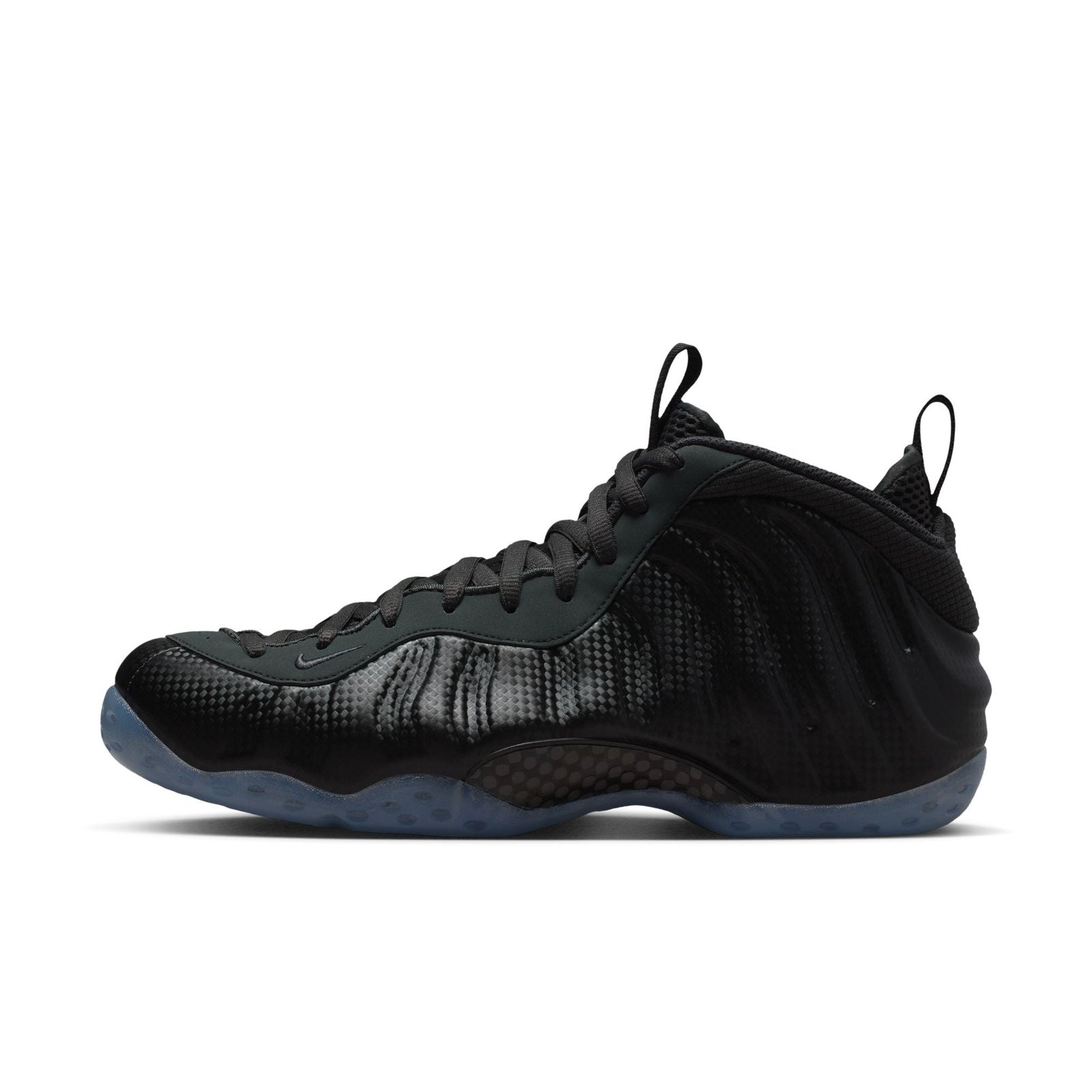Nike Air Foamposite One Carbon Fiber, black textured Foamposite shell with carbon-fiber look and icy outsole