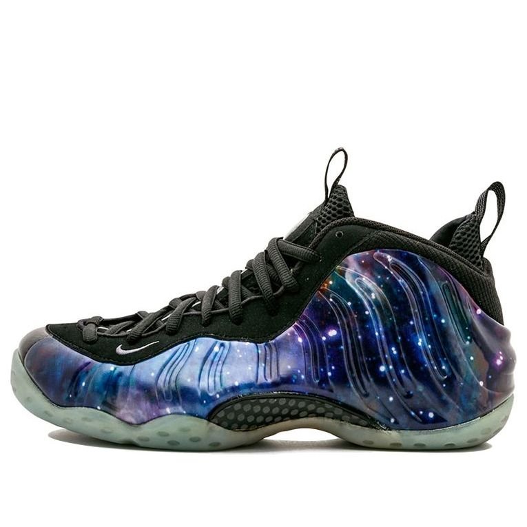 Nike Air Foamposite One Galaxy, blue and purple space-print shell with black overlays and translucent outsole