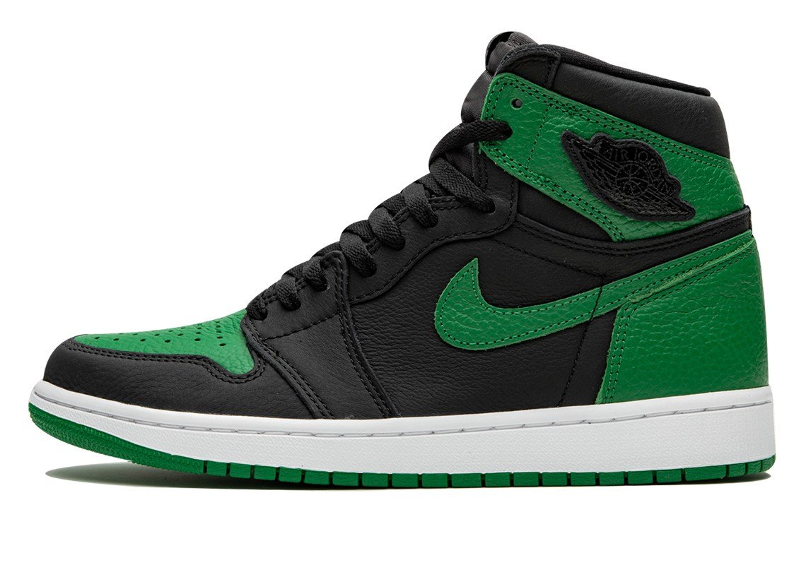 Air Jordan 1 High Pine Green, black leather upper with pine green accents and white midsole.
