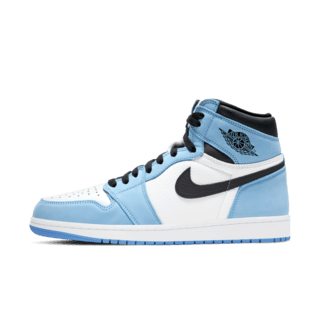 Air Jordan 1 Retro High OG University Blue, white, black and university blue leather colorway.