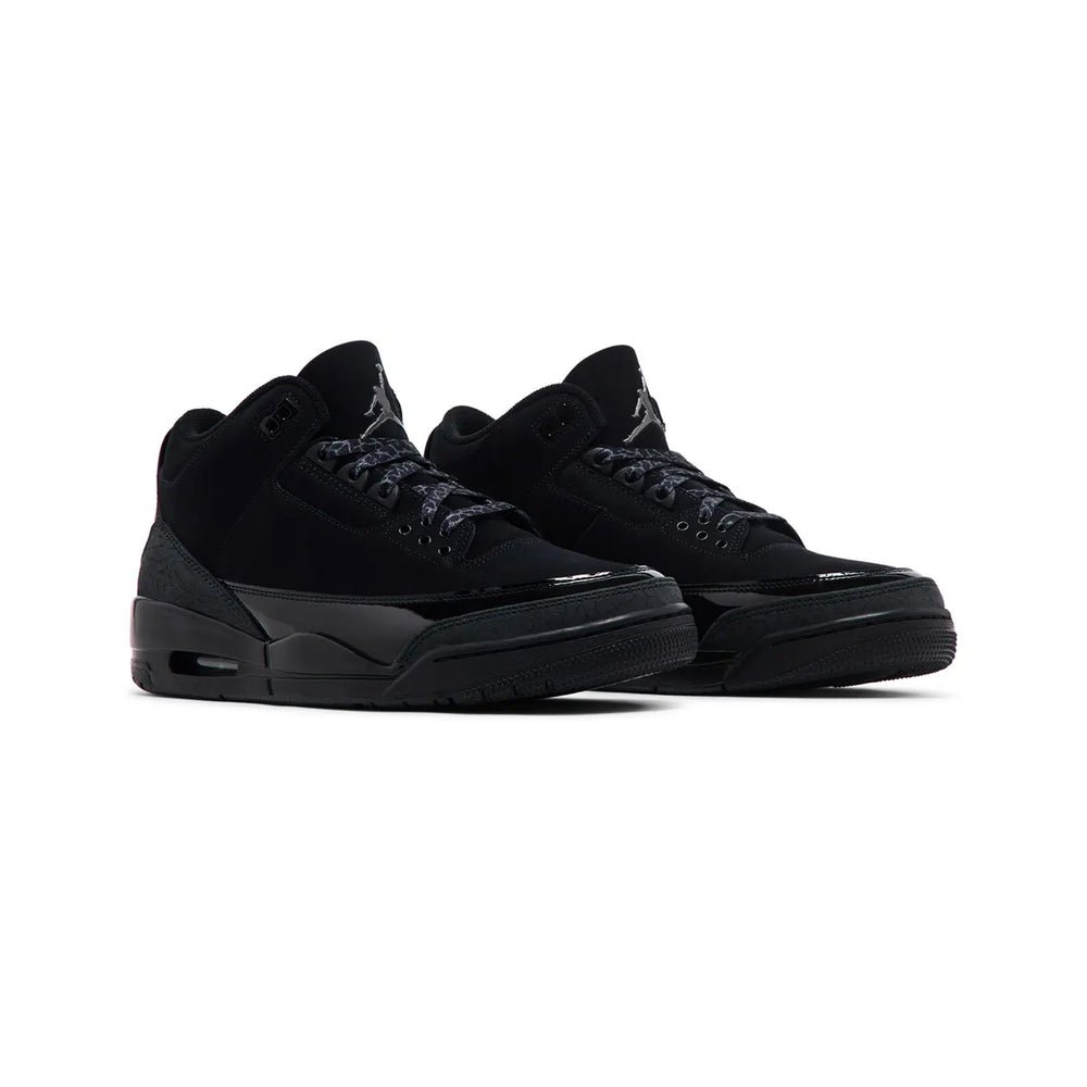 Air Jordan 3 Retro Black Cat, predominantly black upper with black elephant-print overlays.