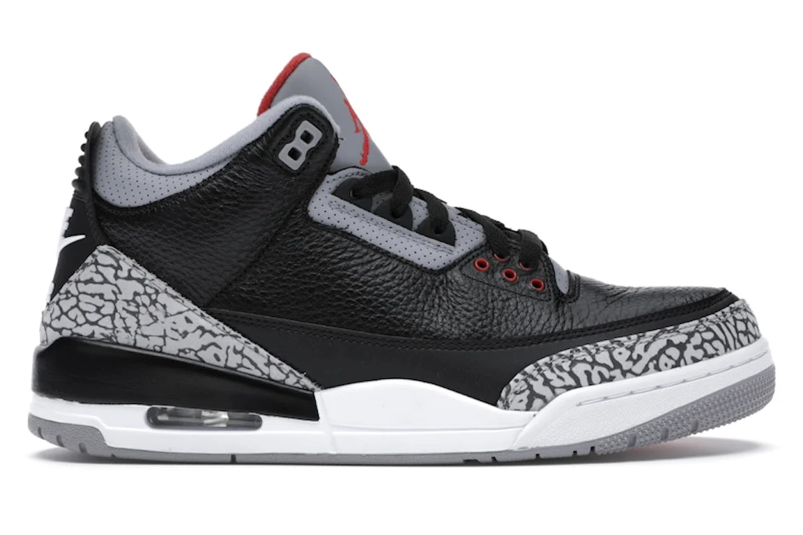 Air Jordan 3 Retro Black Cement, black leather with grey elephant print and red accents.