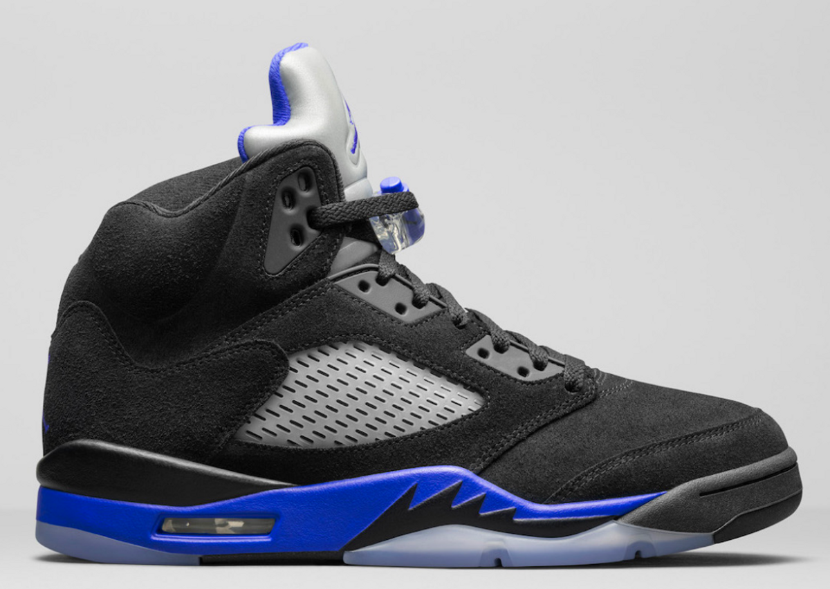 Air Jordan 5 Retro Black Racer Blue 2022 black suede with racer blue accents exact product image