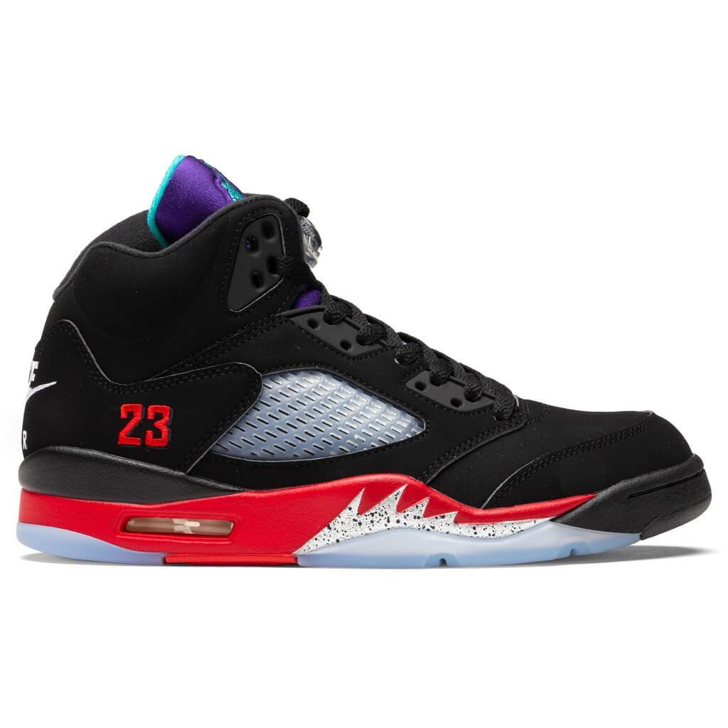 Air Jordan 5 Retro Top 3 2020 black upper red midsole purple and emerald details exact product image