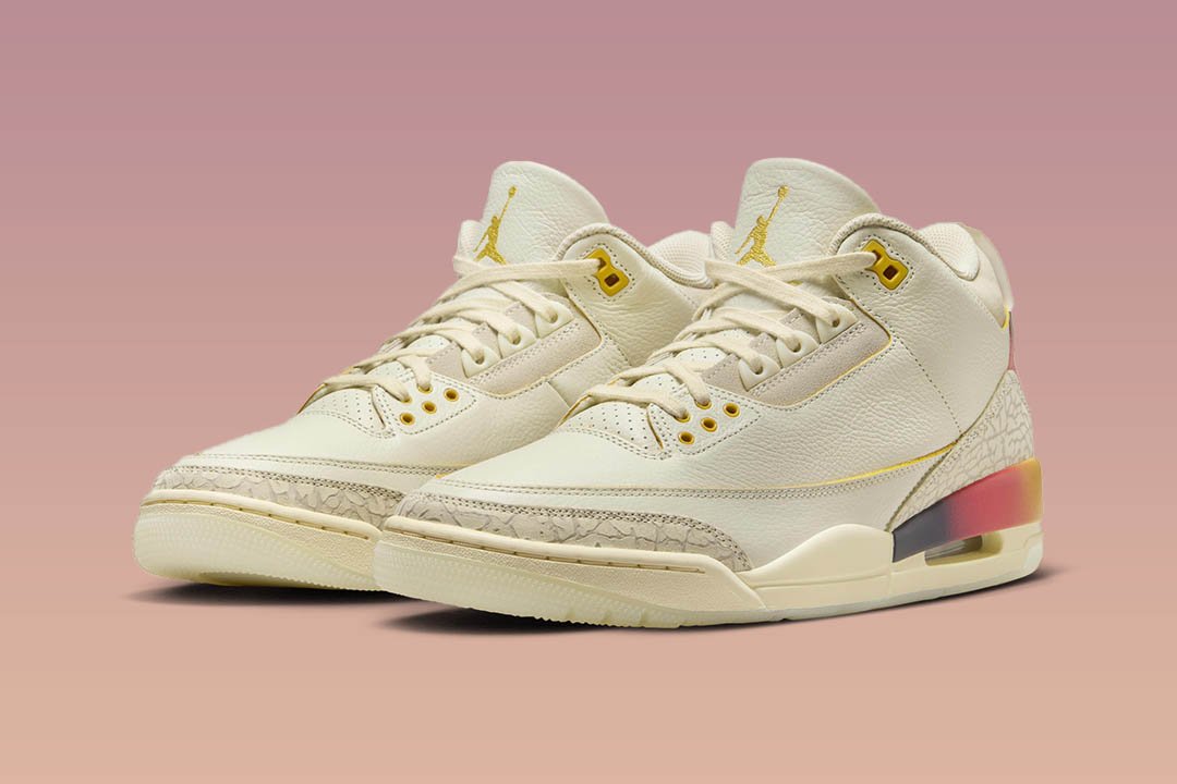 J Balvin x Air Jordan 3 Medellin Sunset FN0344-901 sail leather and elephant print with orange purple and solar yellow sunset heel product image