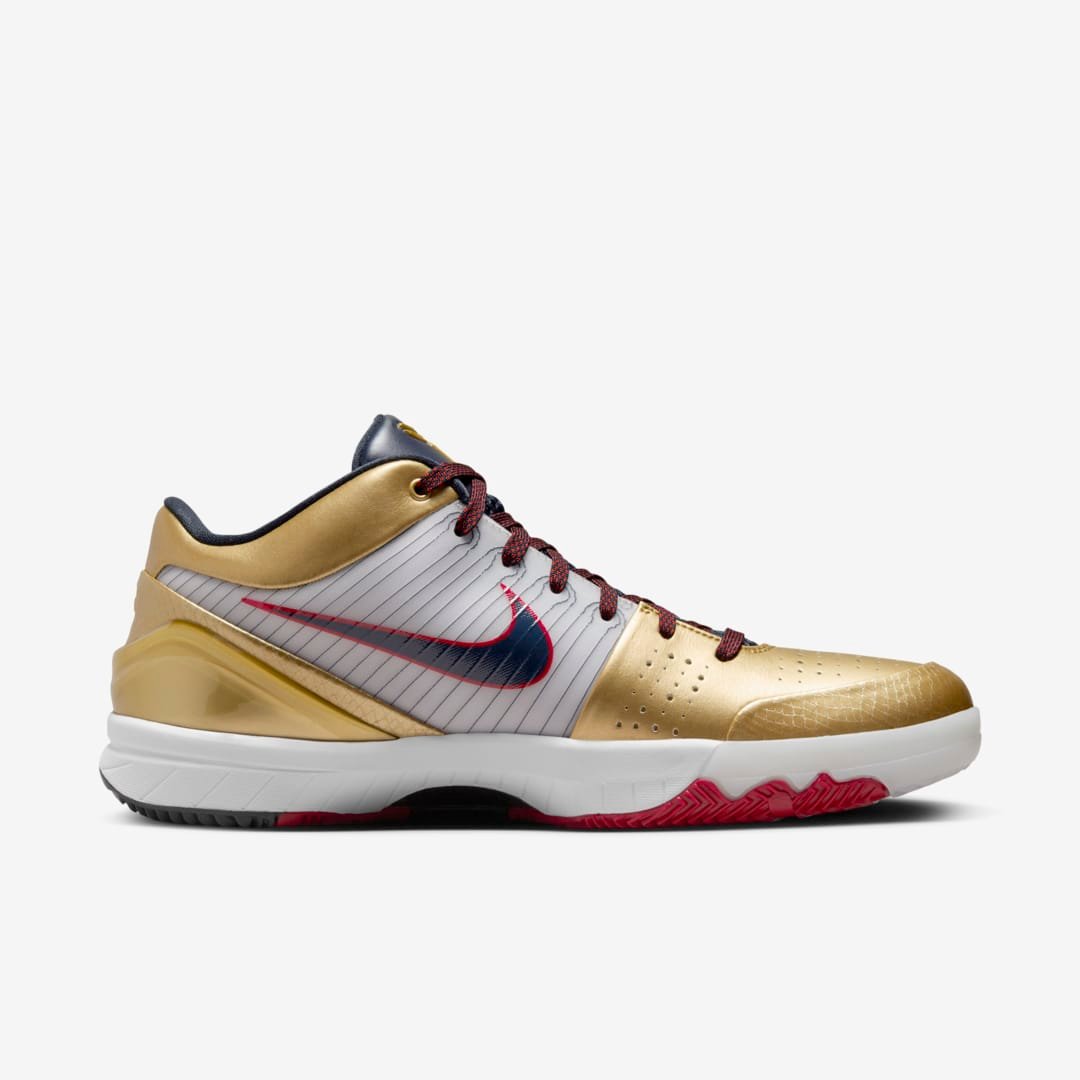 Nike Kobe 4 Protro Gold Medal, metallic gold and white upper with navy Swoosh and red outsole accents