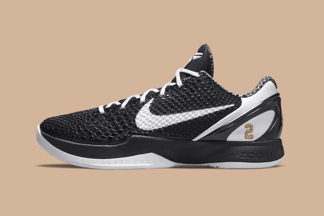 Nike Kobe 6 Protro Mambacita Sweet 16, black textured upper, white Swoosh and gold heel details