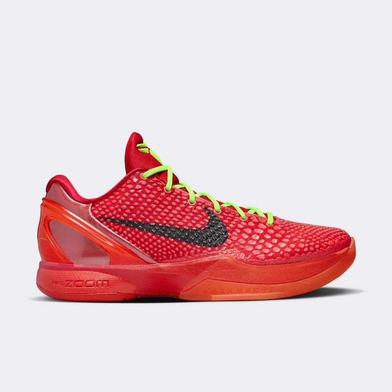 Nike Kobe 6 Protro Reverse Grinch, crimson red upper with black Swoosh and volt green laces