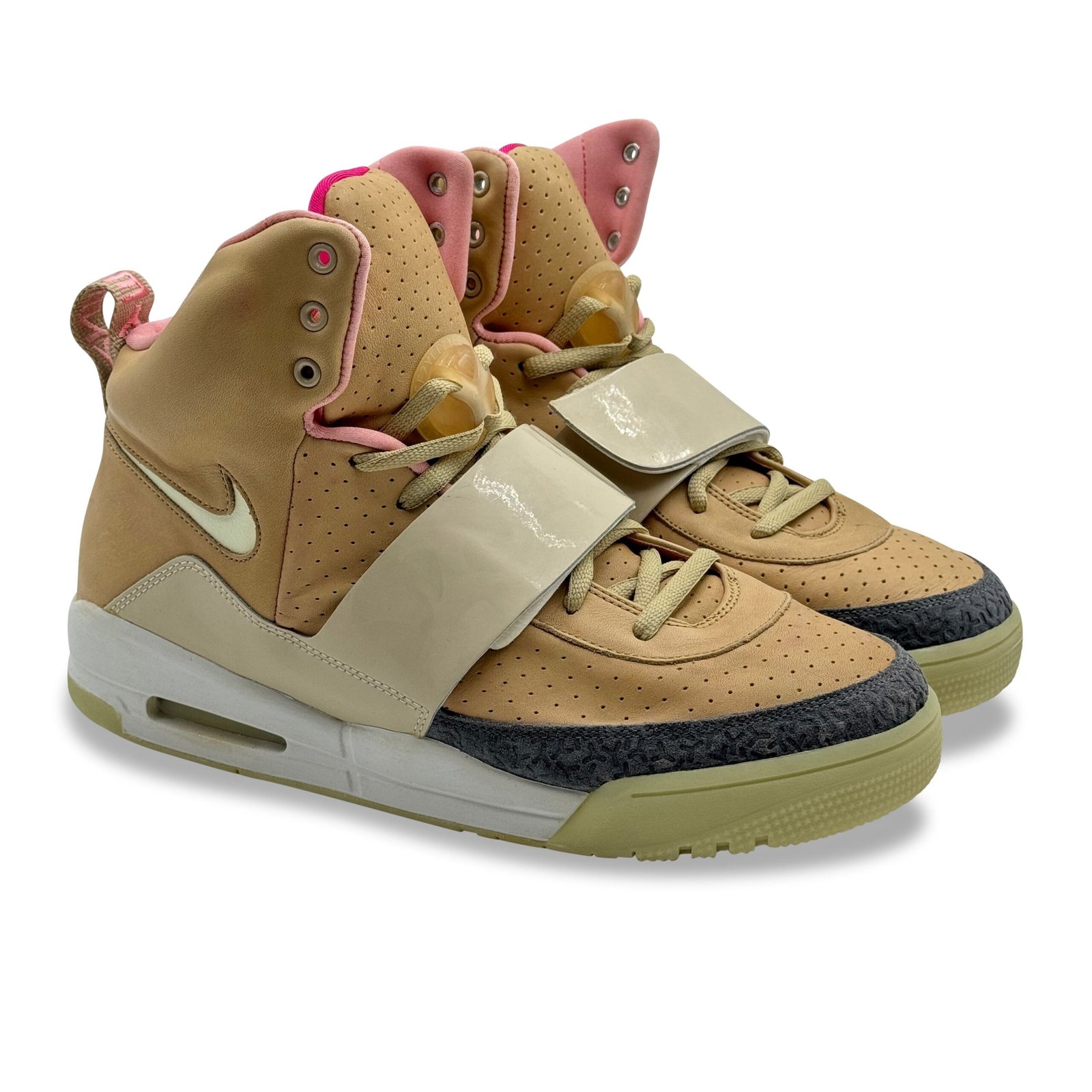 Nike Air Yeezy 1 Net Tan, perforated tan high-top upper, broad glossy strap, grey toe overlay and pale green outsole