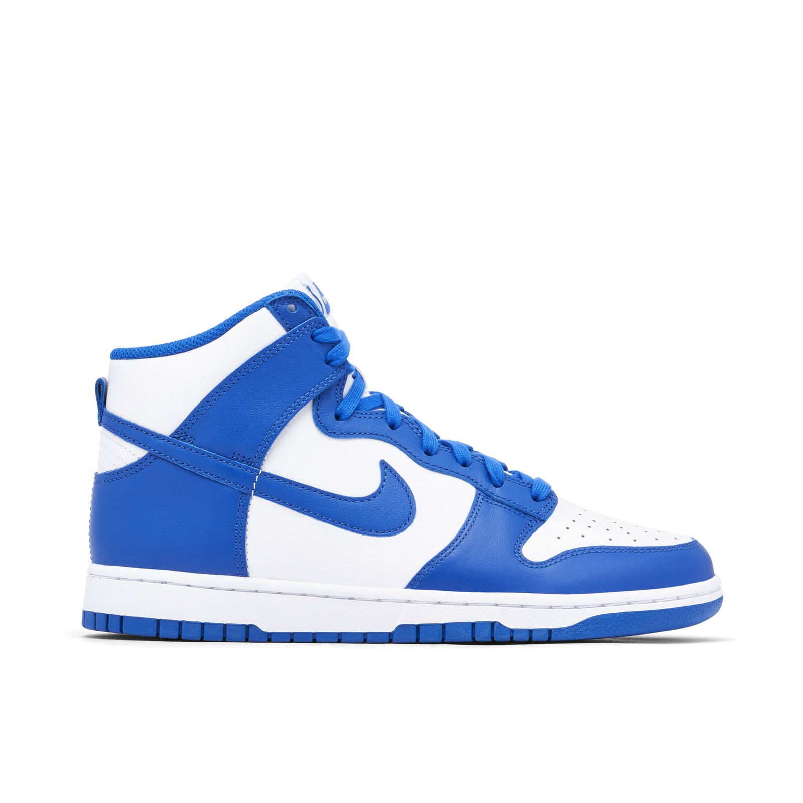 Nike Dunk High Game Royal DD1399-102, white leather base with royal blue overlays, blue Swoosh, blue laces and blue outsole.