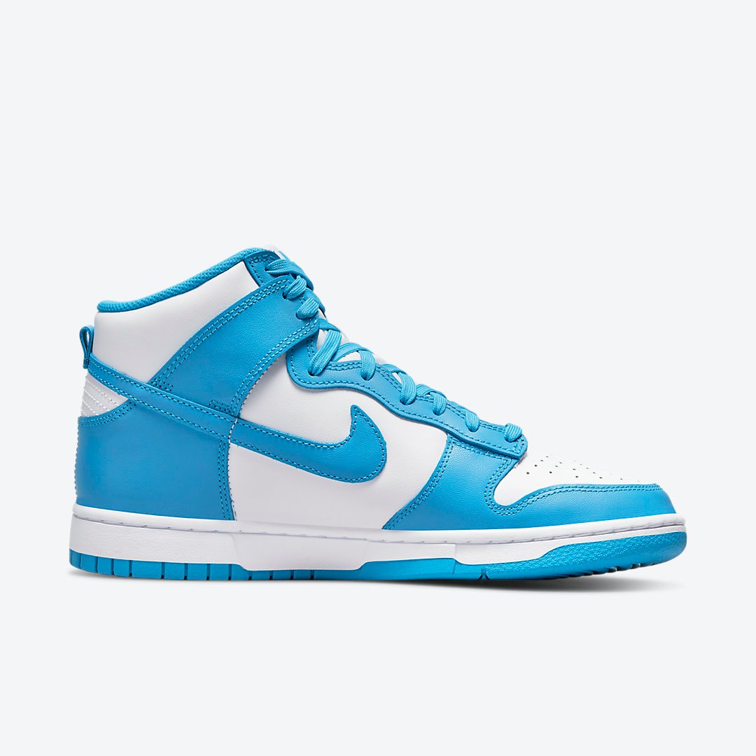 Nike Dunk High Laser Blue DD1399-400, white leather base with light laser blue overlays, blue Swoosh and blue outsole.