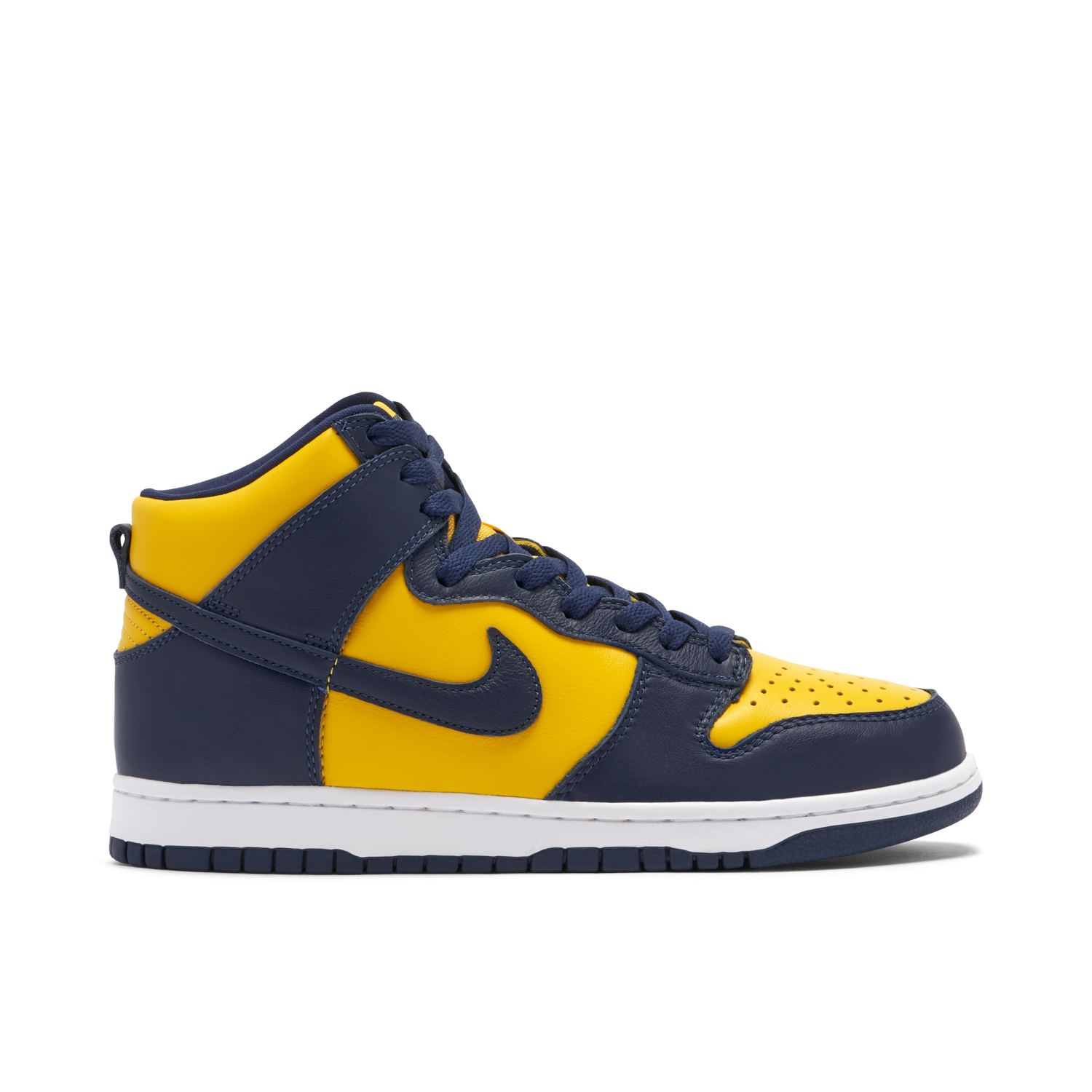 Nike Dunk High Michigan CZ8149-700, varsity maize yellow leather with midnight navy overlays and Swoosh, white midsole and navy outsole.