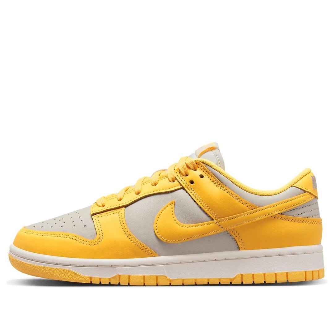 Nike Dunk Low Citron Pulse, citron yellow overlays and Swoosh over light grey leather base with white midsole and yellow outsole