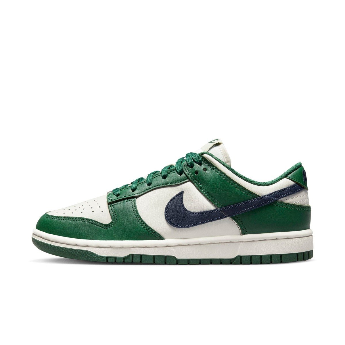 Nike Dunk Low Gorge Green Midnight Navy, dark green leather overlays with midnight navy Swoosh on white base and green outsole