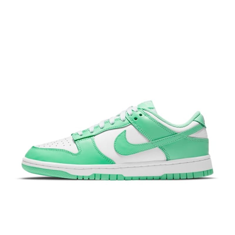 Nike Dunk Low Green Glow, white leather base with mint green overlays, Swoosh and outsole