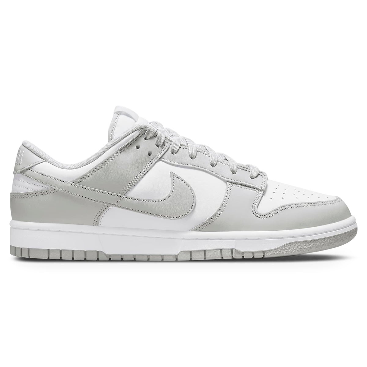 Nike Dunk Low Grey Fog, white leather base with pale grey overlays and Swoosh