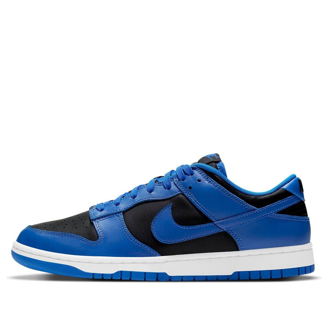 Nike Dunk Low Hyper Cobalt, cobalt blue overlays and Swoosh on black leather panels with white midsole and blue outsole