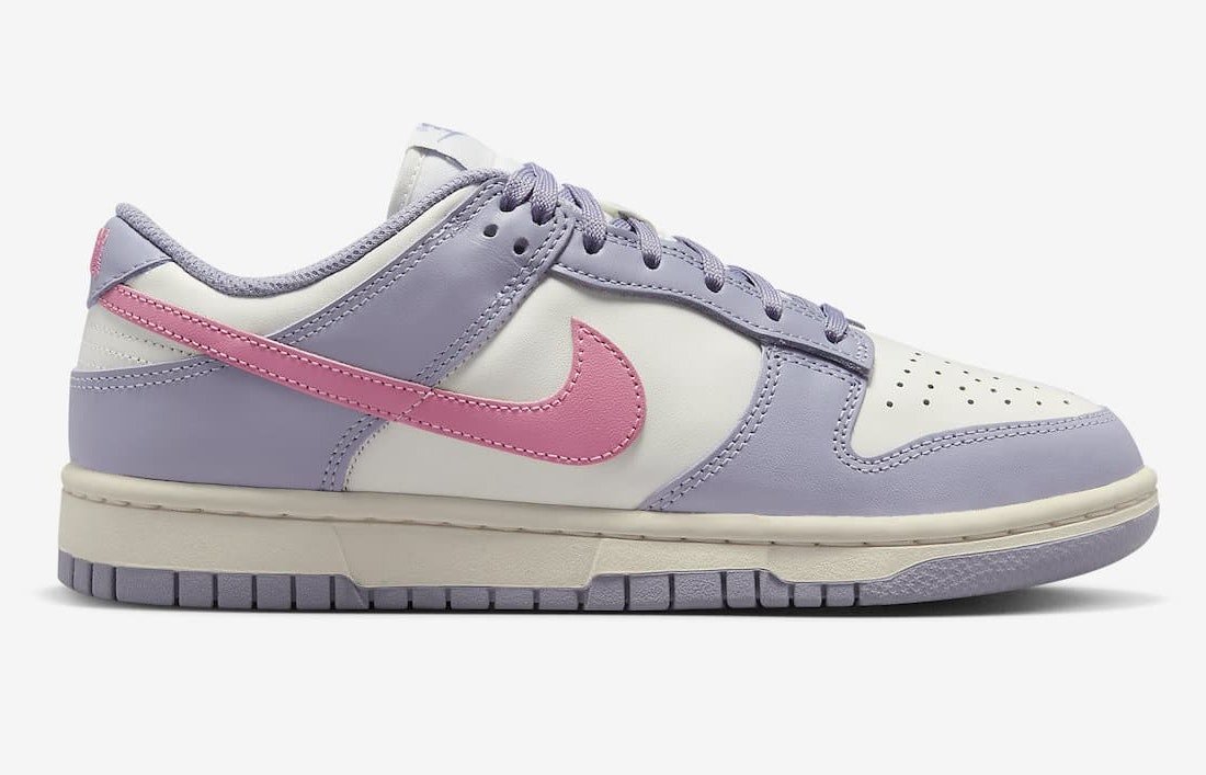 Nike Dunk Low Indigo Haze, sail base with lavender overlays, pink Swoosh and purple outsole
