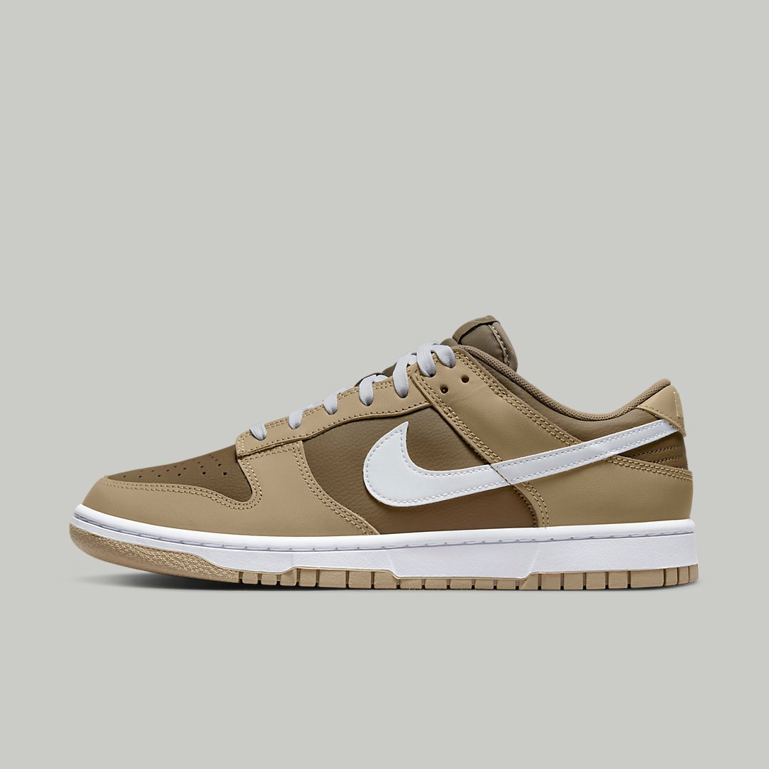 Nike Dunk Low Judge Grey Khaki, taupe brown leather panels with white Swoosh and a light tan outsole