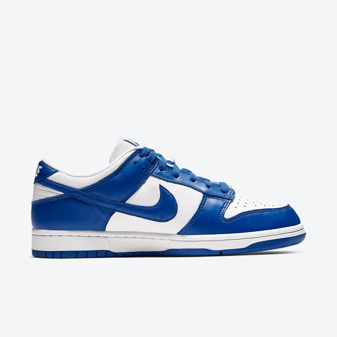 Nike Dunk Low Kentucky, varsity royal blue leather overlays and Swoosh on white leather base