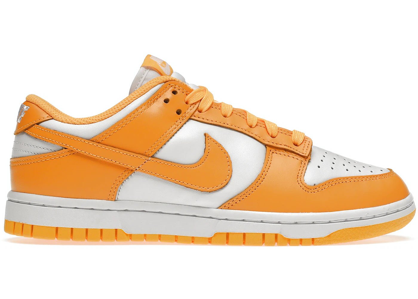 Nike Dunk Low Laser Orange, white leather base with bright orange overlays and Swoosh, white midsole and orange outsole