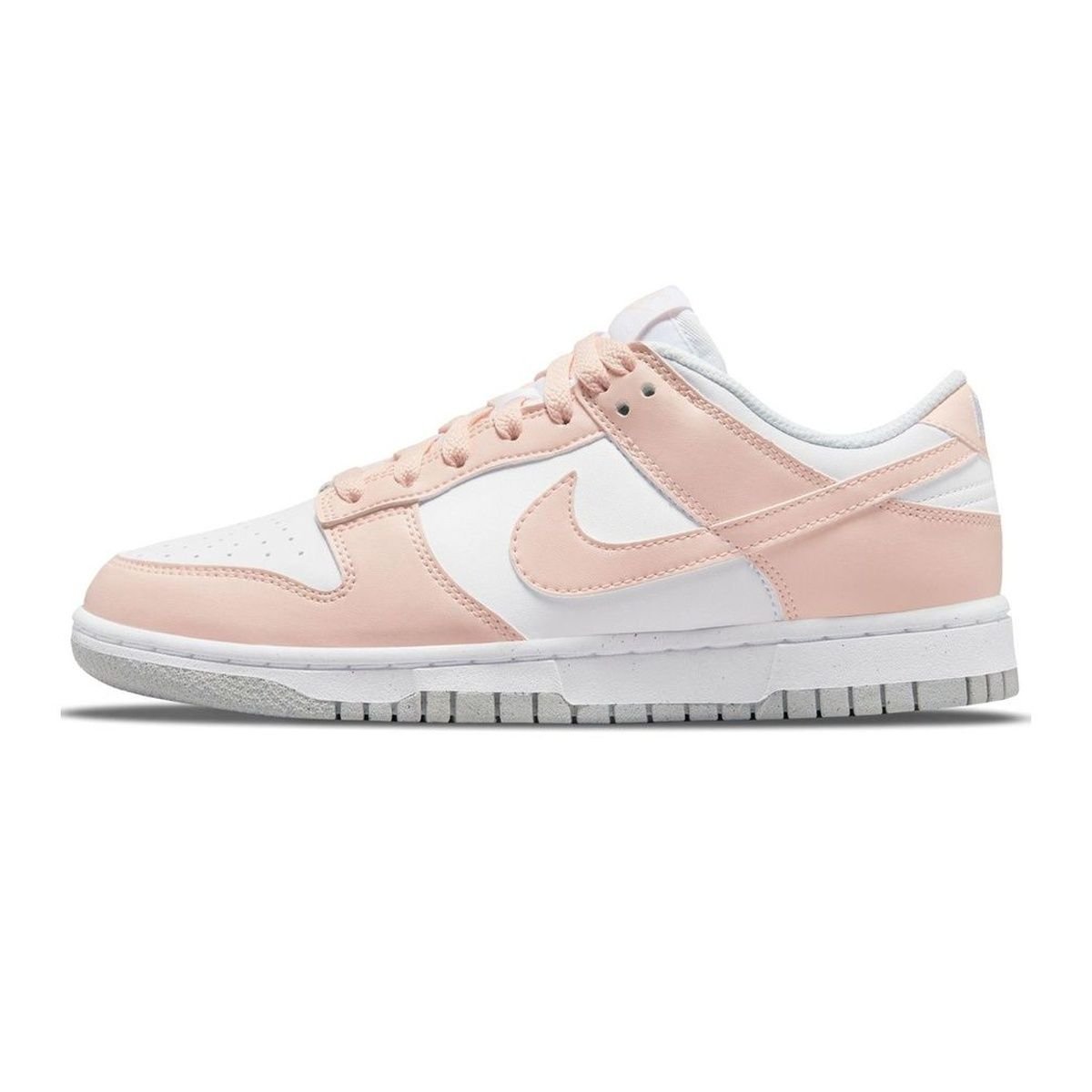 Nike Dunk Low Pale Coral Pink, pale pink overlays and Swoosh over a white leather base with light neutral outsole