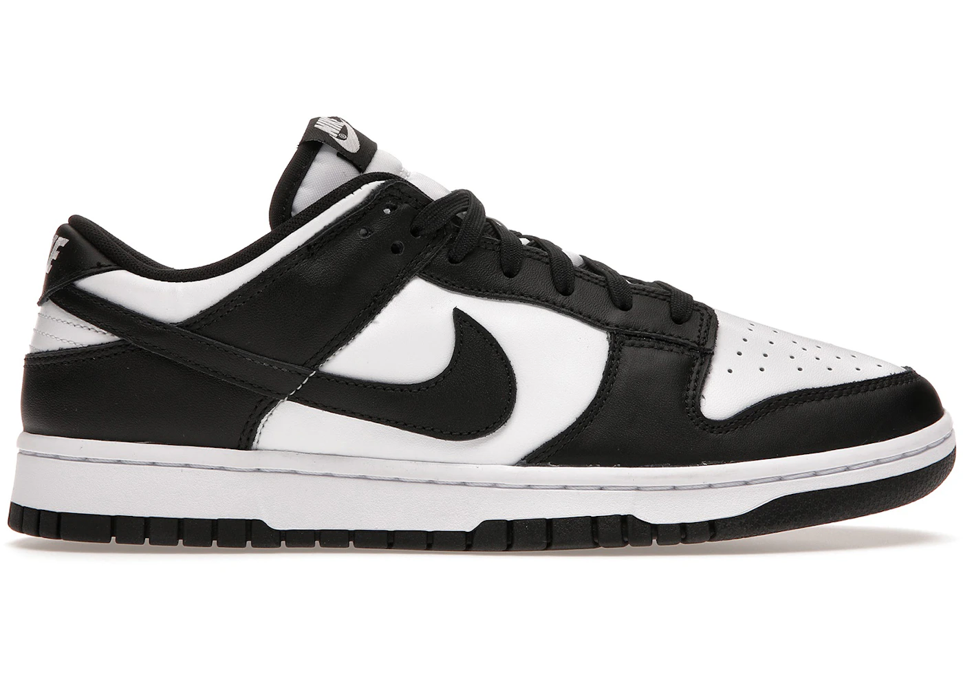 Nike Dunk Low Panda, white leather base with black overlays and Swoosh, white midsole and black outsole