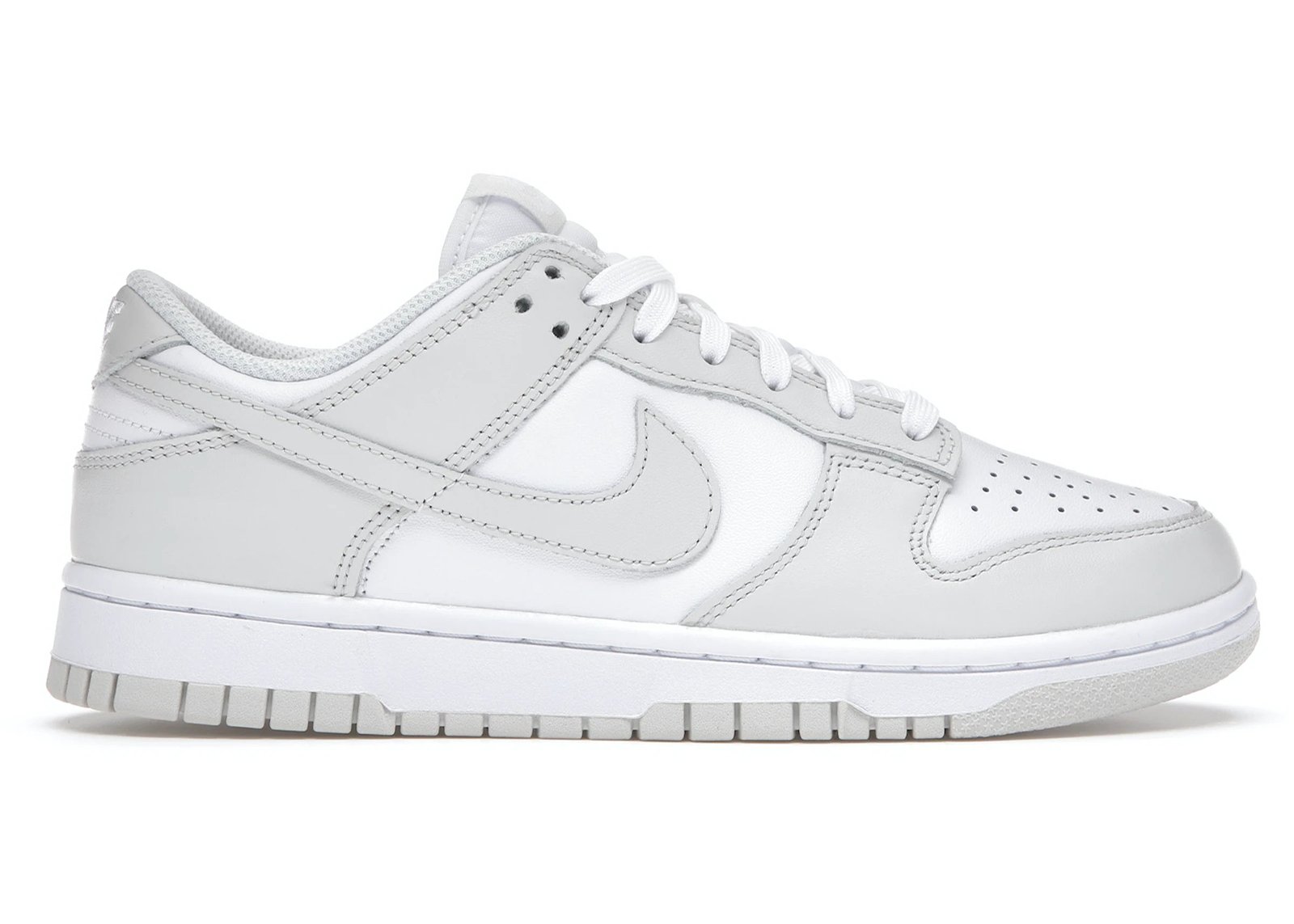 Nike Dunk Low Photon Dust, white leather base with light grey overlays and Swoosh, white and grey sole