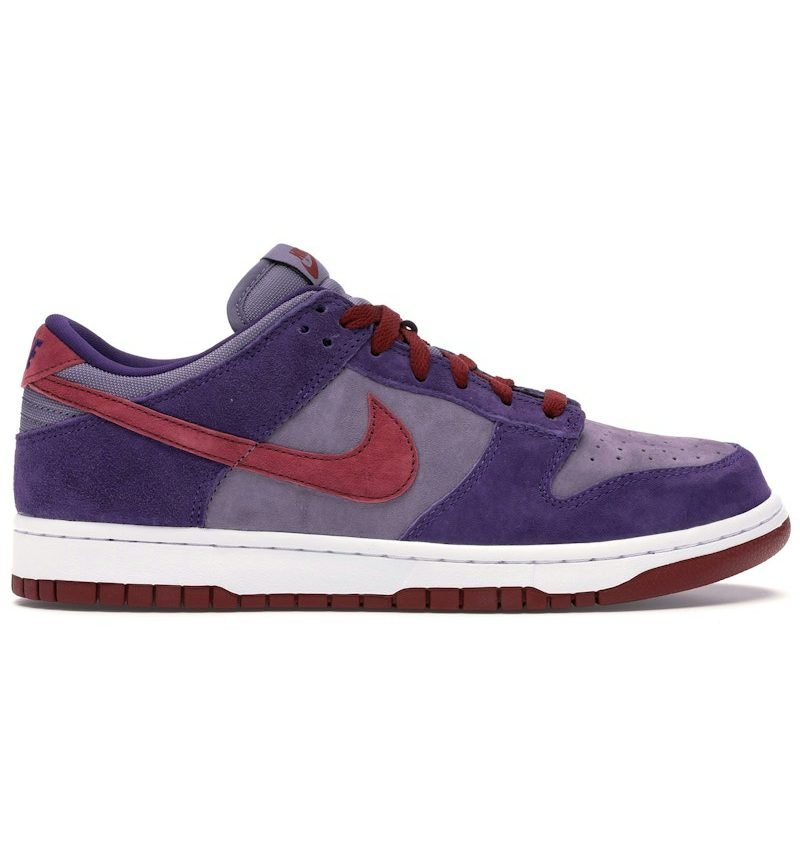 Nike Dunk Low Plum, purple suede overlays with burgundy red Swoosh and outsole, grey-purple base panels