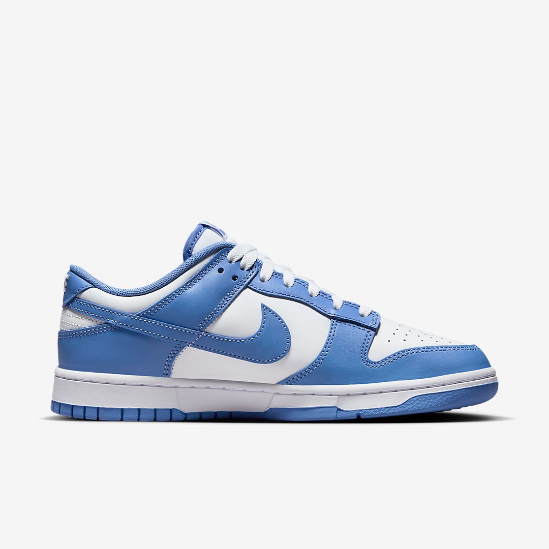 Nike Dunk Low Polar Blue, white leather base with icy blue overlays and Swoosh, blue outsole