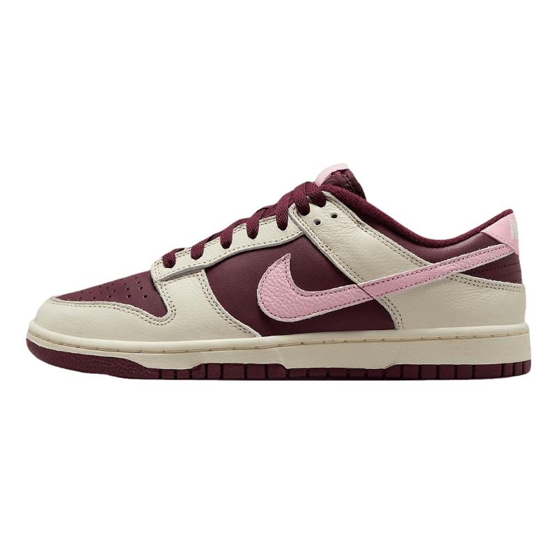 Nike Dunk Low Premium Valentines Day, pale ivory leather overlays with night maroon panels and soft pink Swoosh, cream midsole and maroon outsole