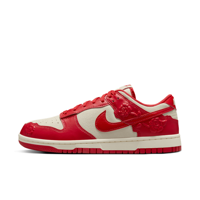 Nike Dunk Low Red Roses, red leather overlays with embossed rose details over cream leather panels