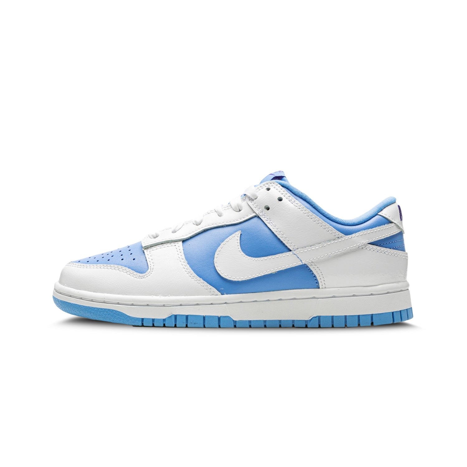 Nike Dunk Low Reverse UNC, white leather base with University Blue underlays and white Swoosh, blue outsole