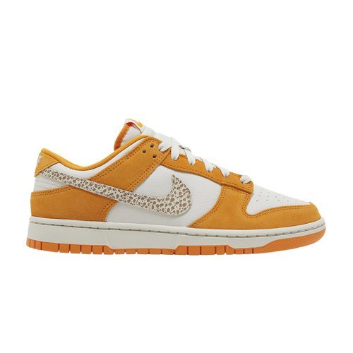 Nike Dunk Low Safari Swoosh Kumquat, kumquat orange overlays, light bone base and safari patterned Swoosh