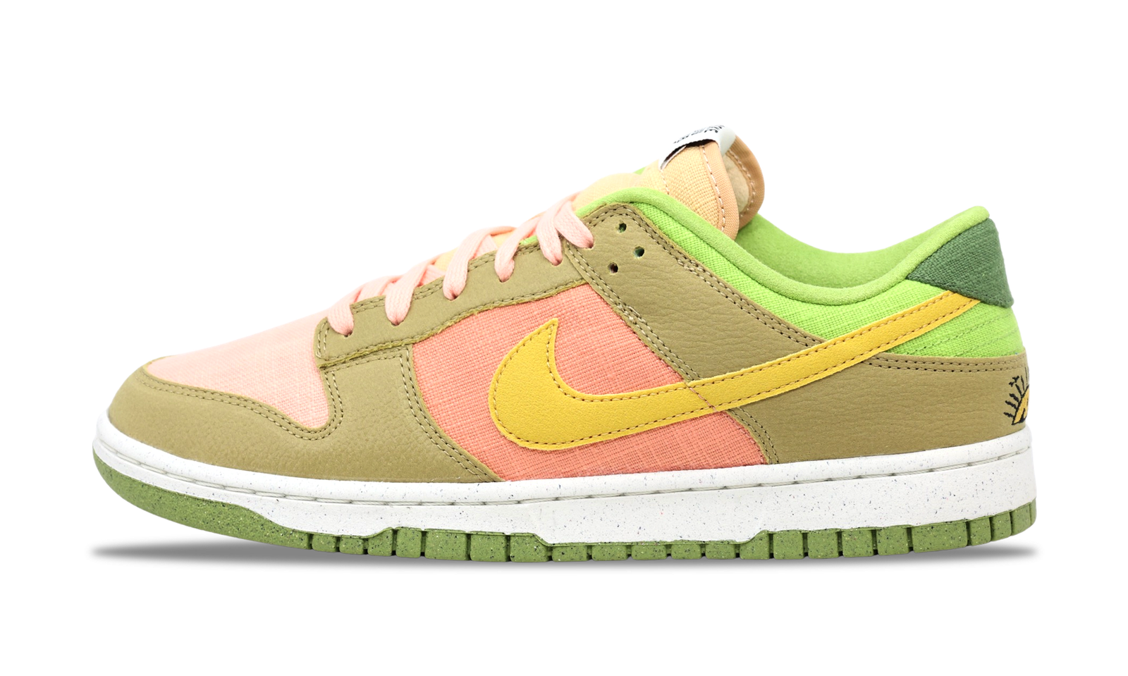 Nike Dunk Low Sun Club Arctic Orange Sanded Gold, sanded gold panels, pink textile accents, bright yellow Swoosh and neon green lining and outsole