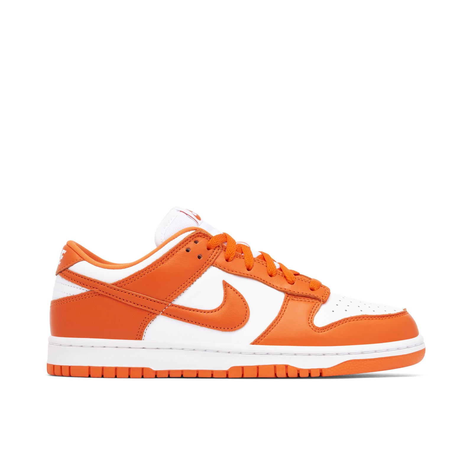 Nike Dunk Low Syracuse, bright orange overlays and Swoosh over white leather panels, orange outsole