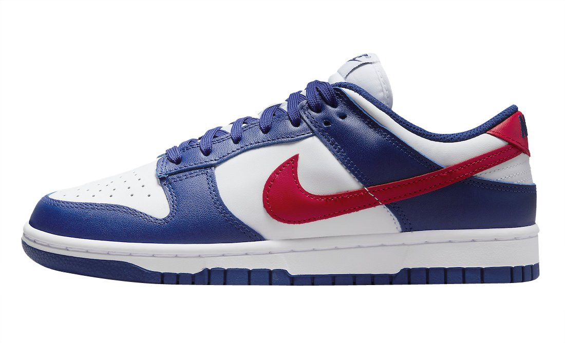 Nike Dunk Low USA, white leather base with royal blue overlays, red Swoosh and navy outsole