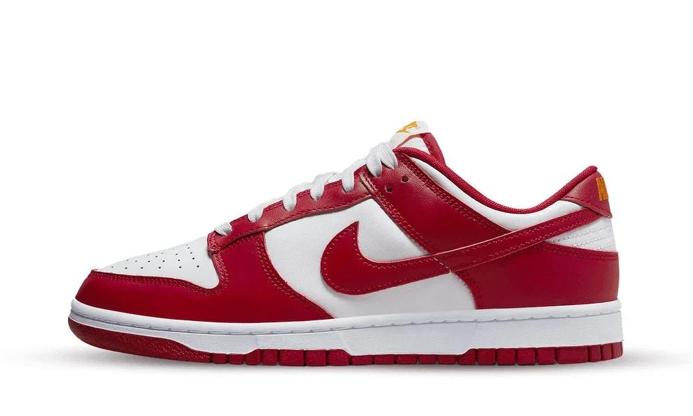 Nike Dunk Low USC Gym Red, white leather base with deep red overlays and Swoosh, red outsole