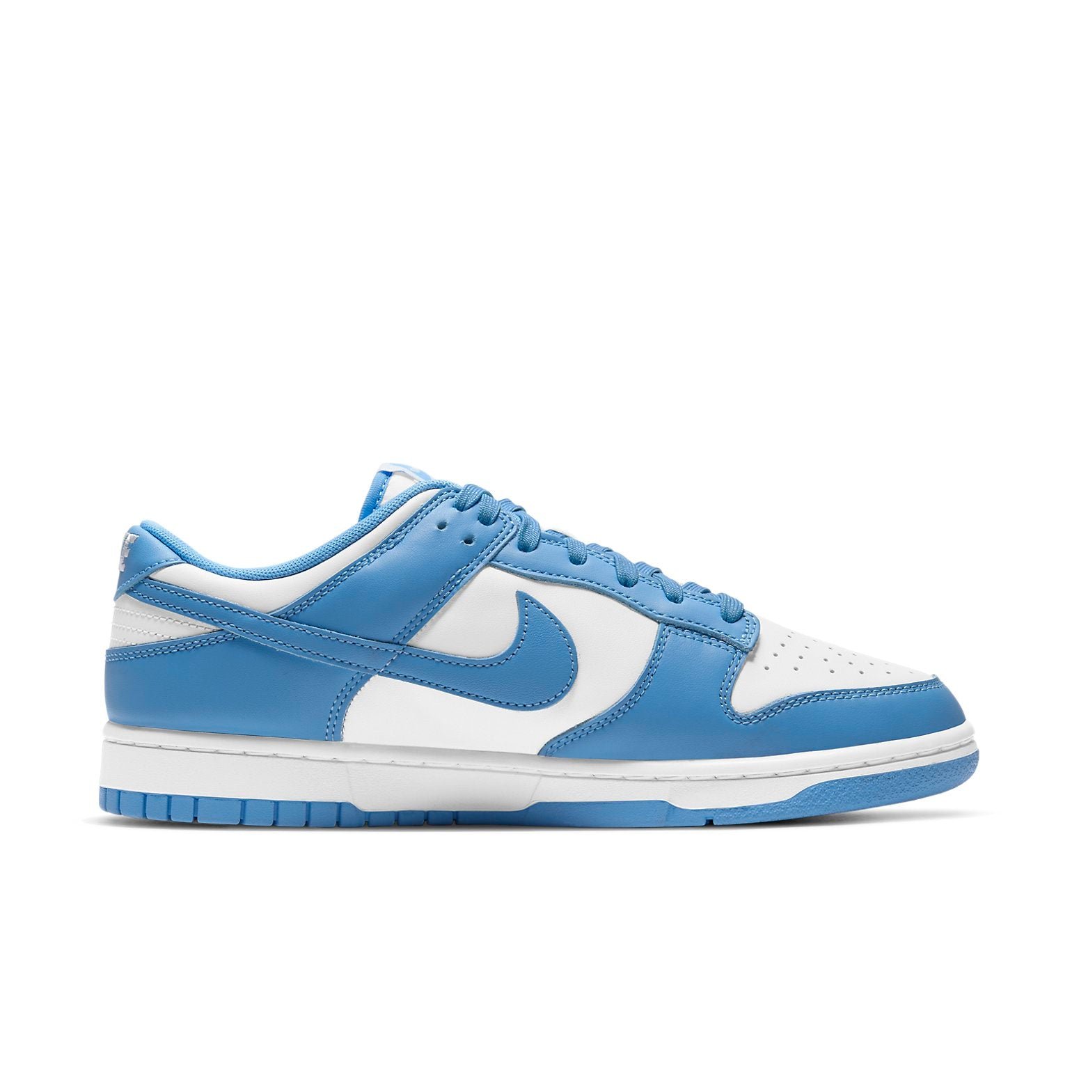 Nike Dunk Low University Blue, white leather upper with University Blue overlays and Swoosh