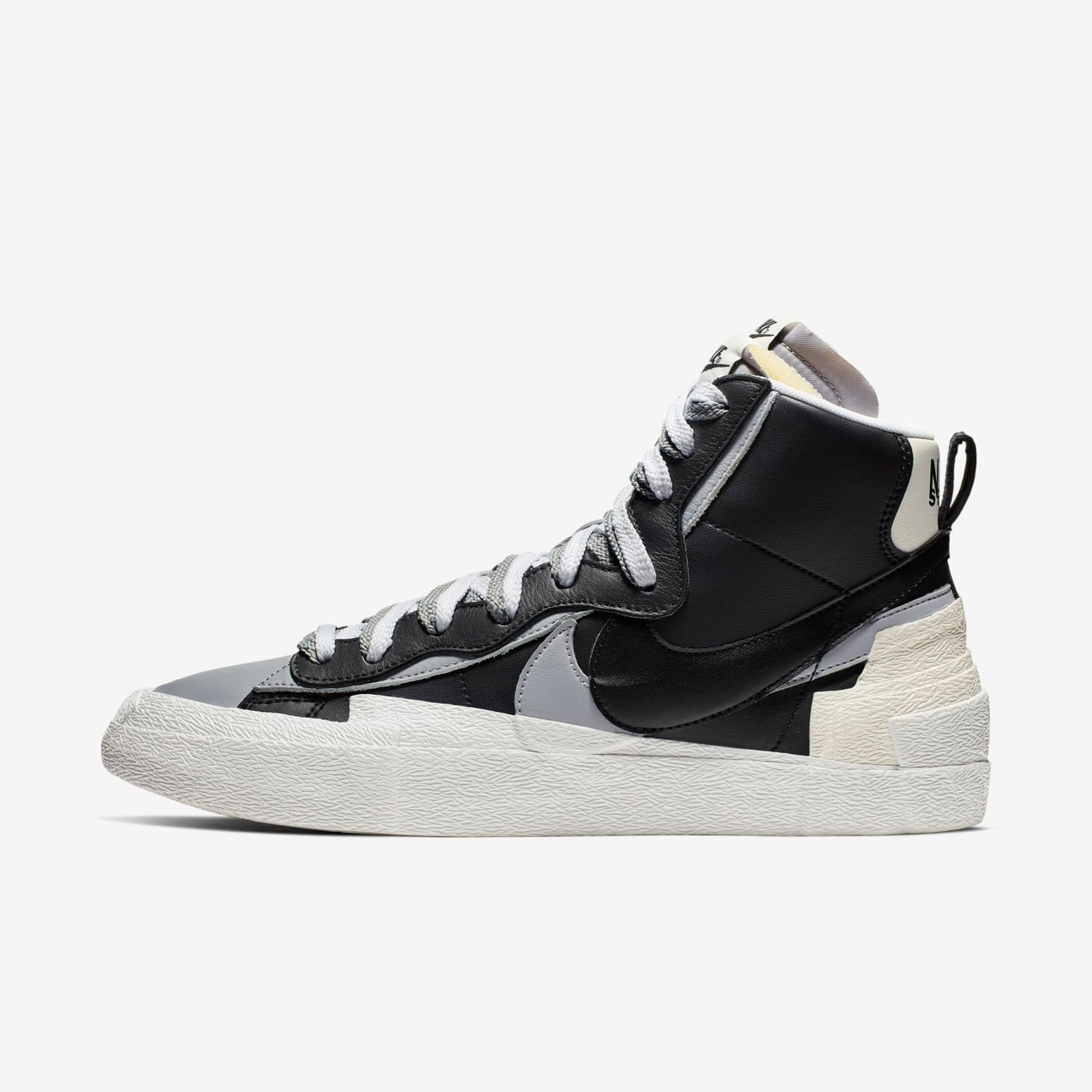 Nike sacai Blazer Mid Black Wolf Grey black layered leather upper grey accents double Swoosh product image