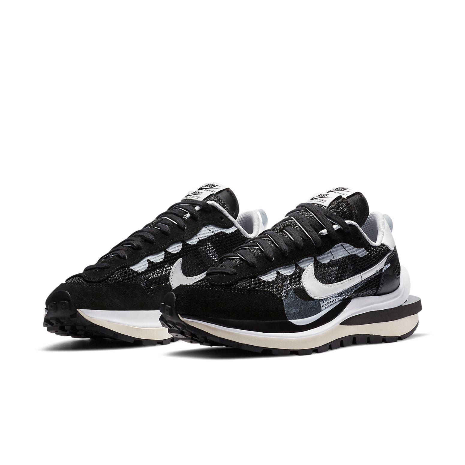 Nike x sacai VaporWaffle Black White CV1363-001, black layered mesh suede upper, double white Swooshes and stacked sole