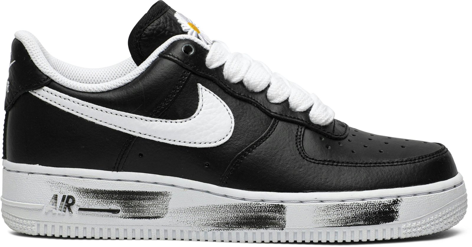 PEACEMINUSONE x Nike Air Force 1 Para-Noise AQ3692-001, black leather upper with white Swoosh and white sole with distressed black paint